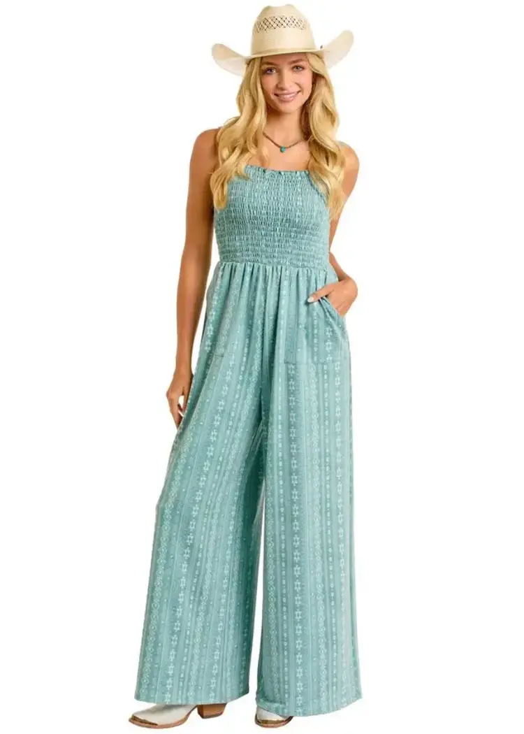 Rock & Roll Denim Smocked Jumpsuit Jade