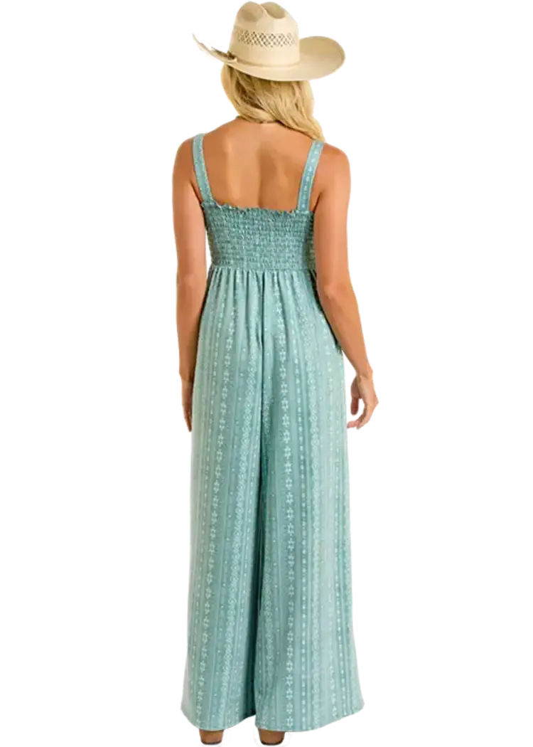Rock & Roll Denim Smocked Jumpsuit Jade
