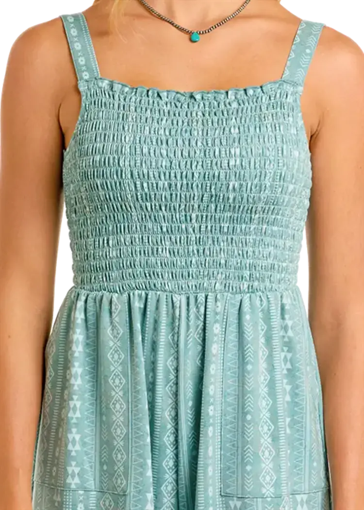 Rock & Roll Denim Smocked Jumpsuit Jade