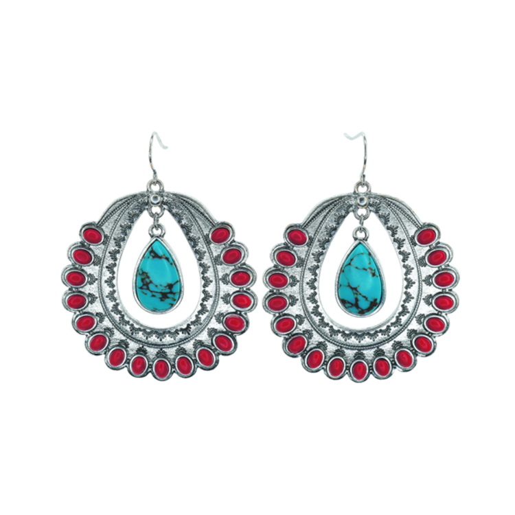 Justin Cluster Hoop w Faux Coral and Turquoise Earrings