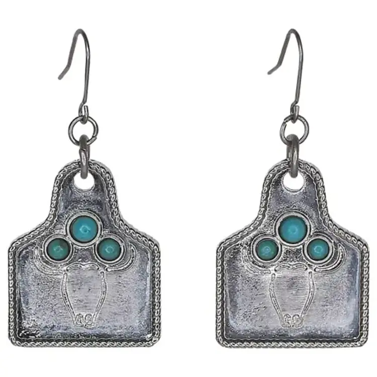 Justin Steer Cow Tag w Faux Turquoise Earrings