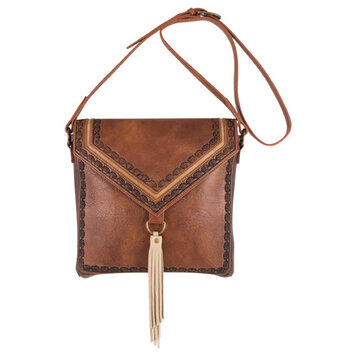 Justin Crossbody Tan w Seed Sunburst and Tassel