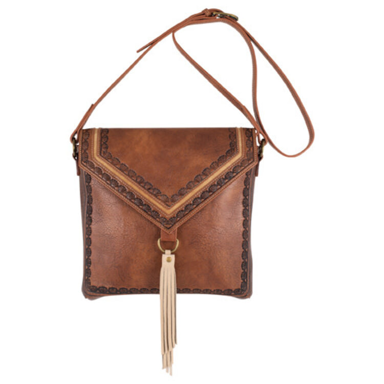 Justin Crossbody Tan w Seed Sunburst and Tassel