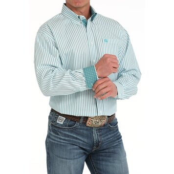 Cinch Stretch Button Down White Blue