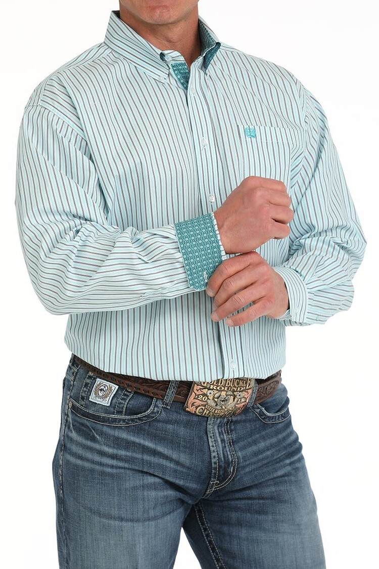 Cinch Stretch Button Down White Blue