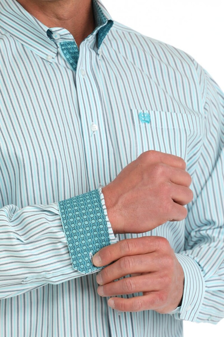 Cinch Stretch Button Down White Blue