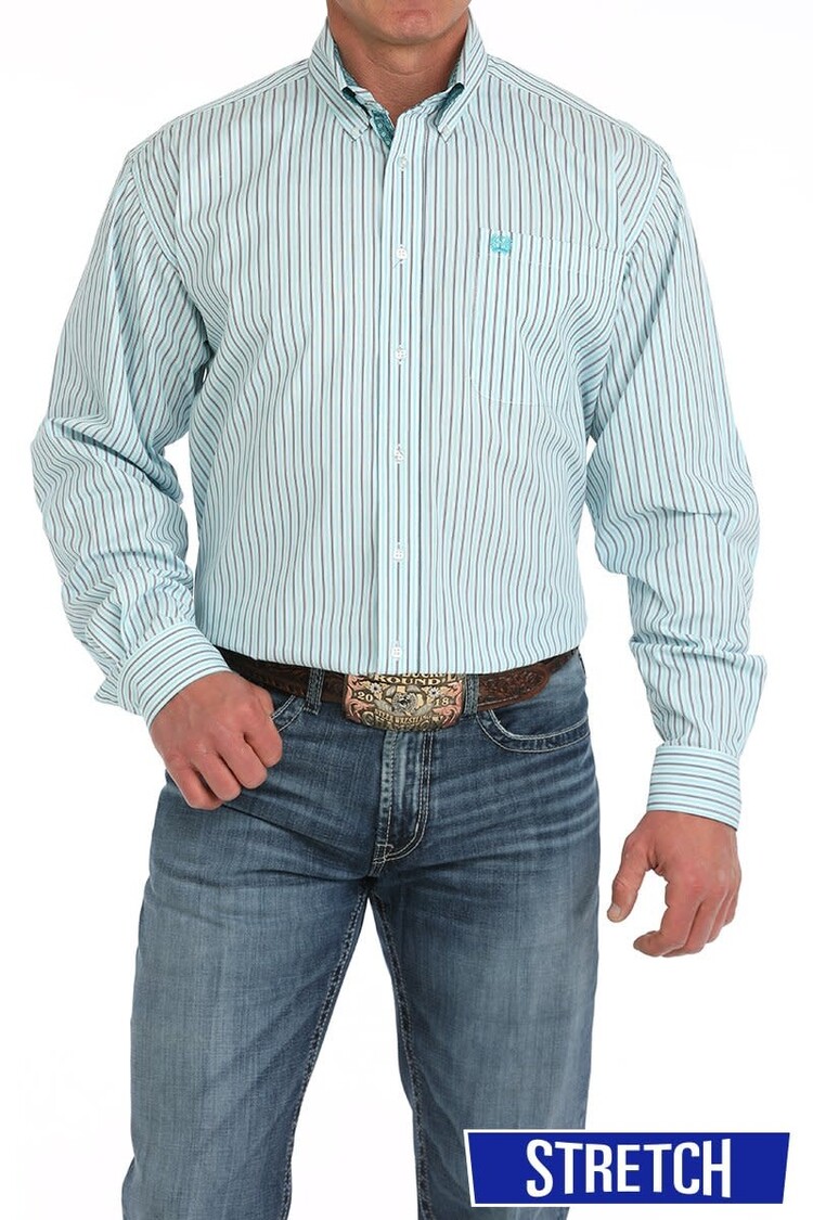 Cinch Stretch Button Down White Blue