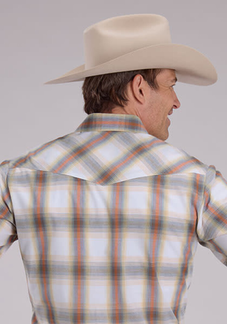 Roper Cream Blue Tangerine Plaid Snap