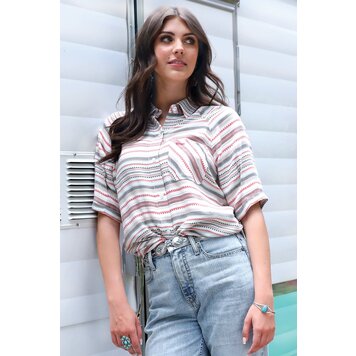Cruel Denim Stripe Boyfriend Fit Short Sleeve Top Multi