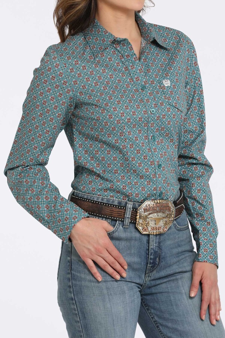 Cinch Geometric Print Button-Down Blue