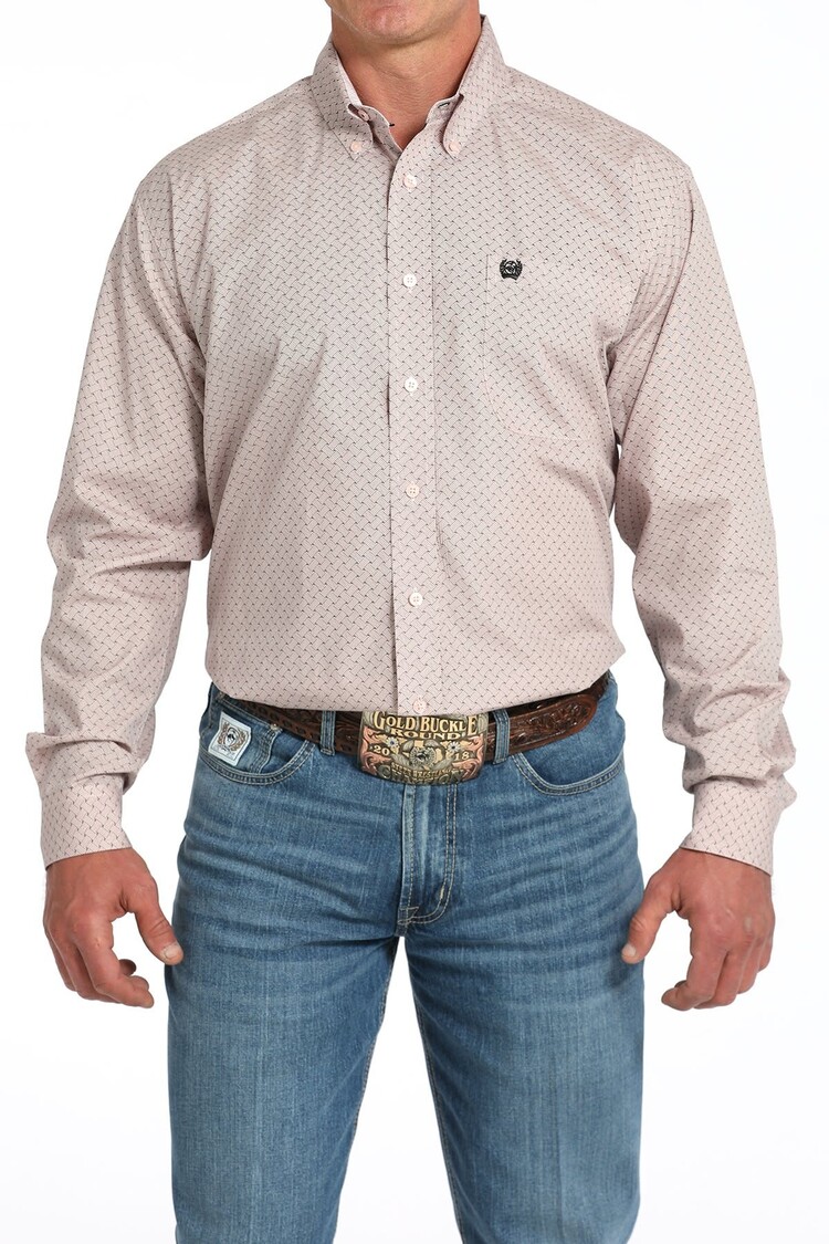 Cinch Basketweave Print Button-Down Pink