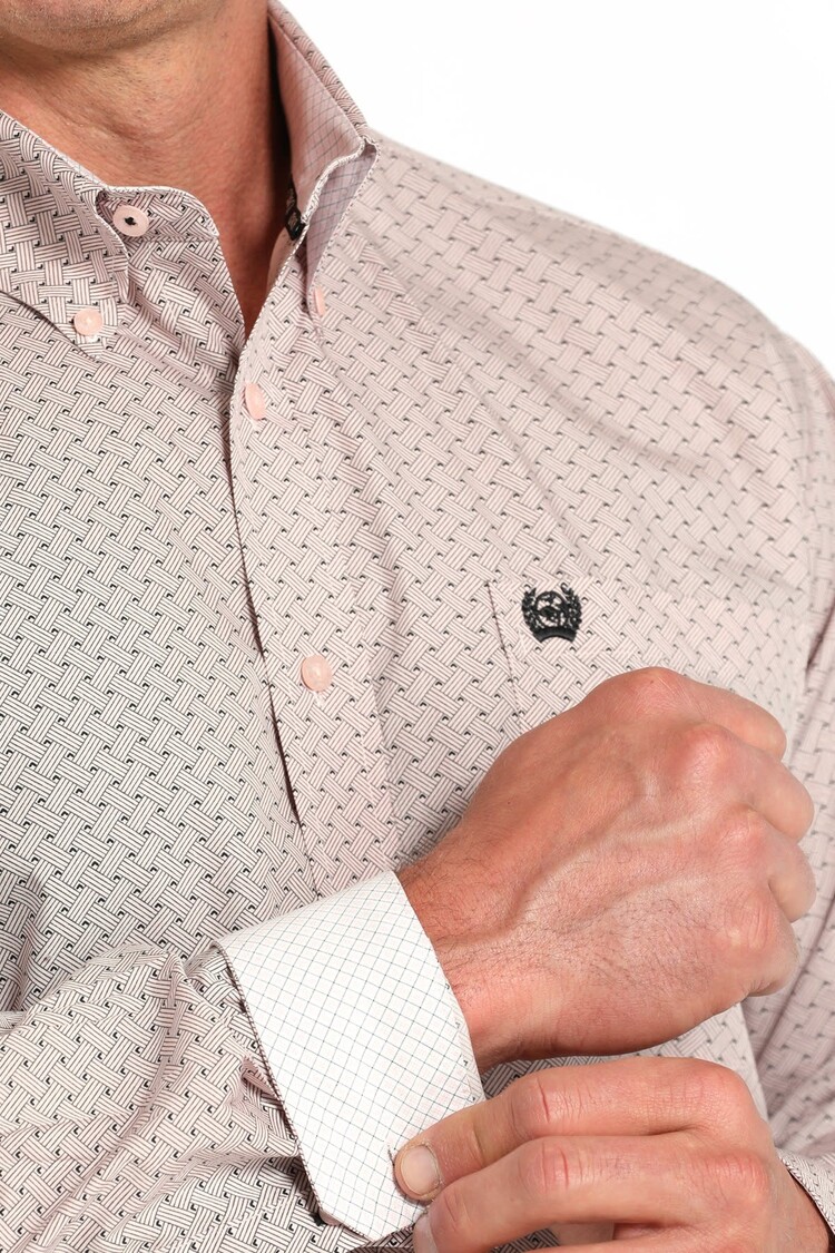 Cinch Basketweave Print Button-Down Pink