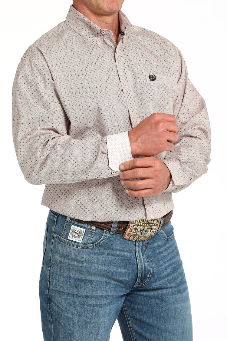 Cinch Basketweave Print Button-Down Pink
