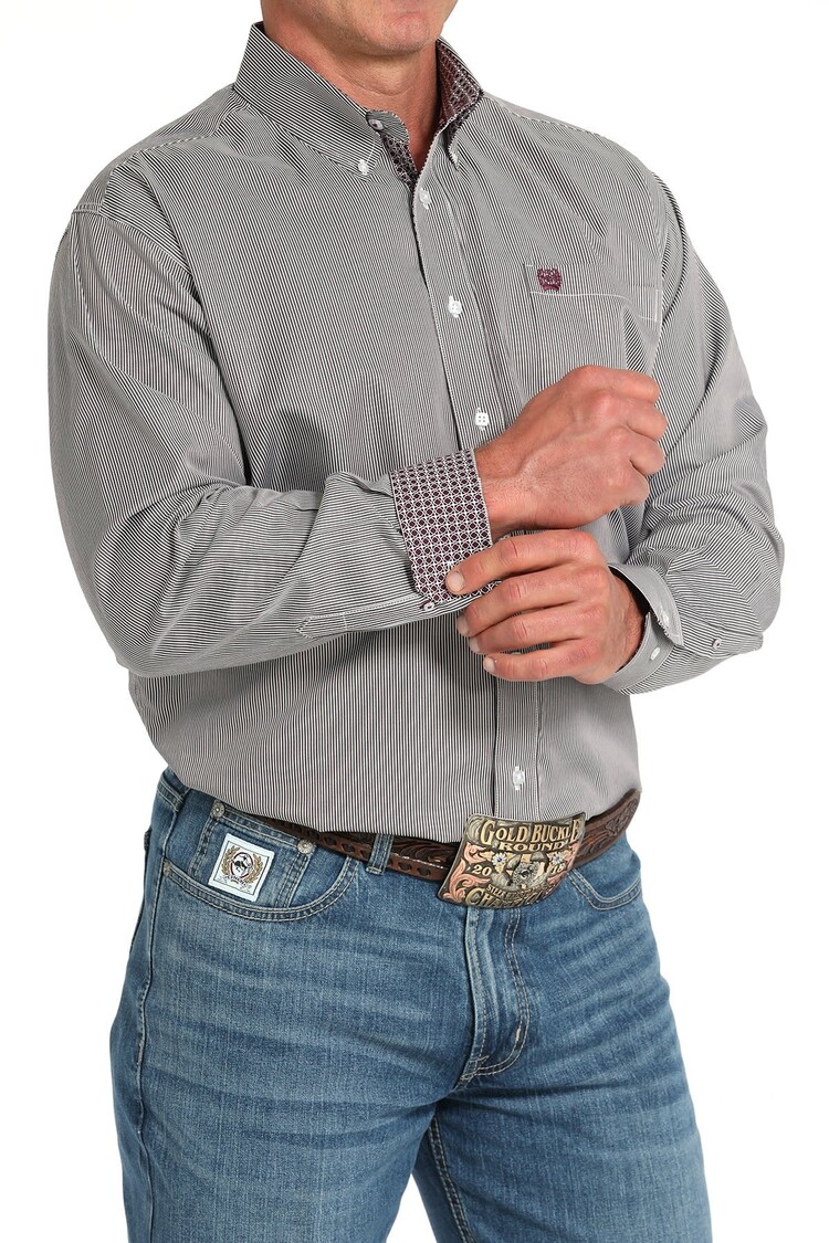 Cinch Tencel Striped Button-Down Charcoal Burgundy