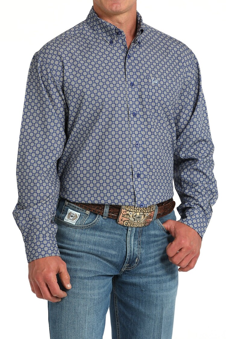 Cinch Medalion Print Button-Down Royal Blue