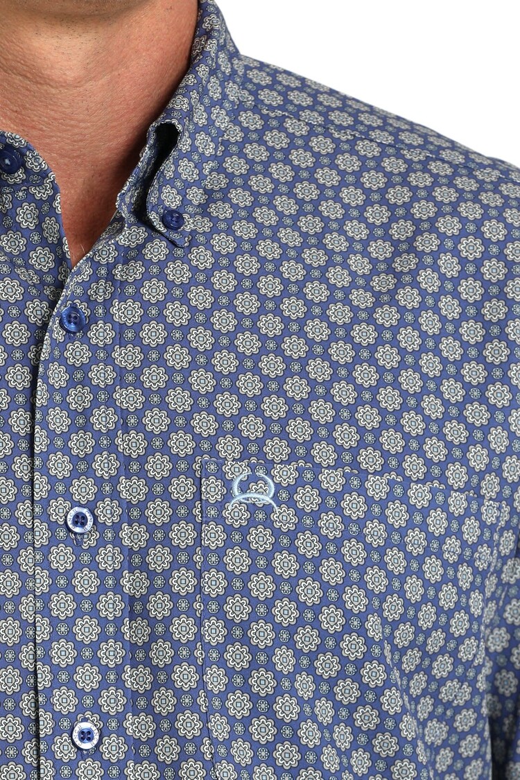Cinch Medalion Print Button-Down Royal Blue