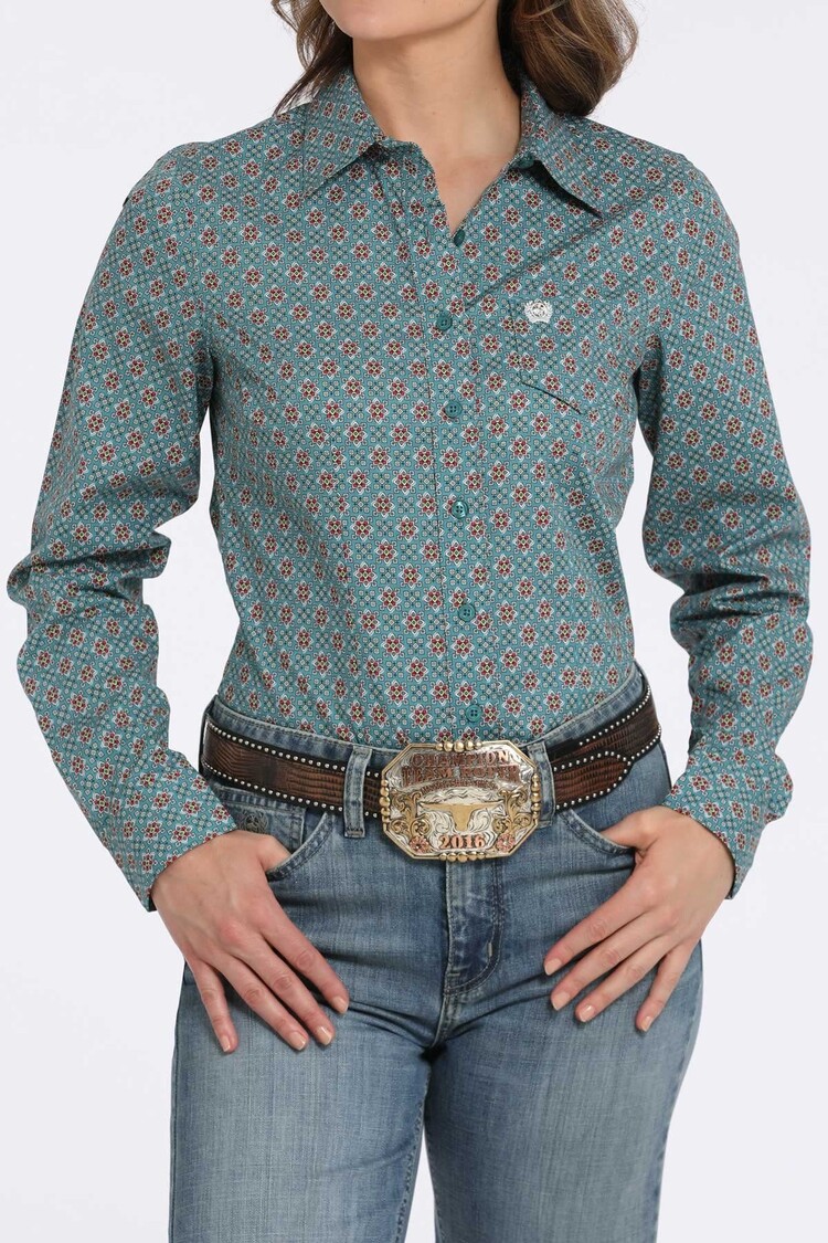 Cinch Geometric Print Button-Down Blue