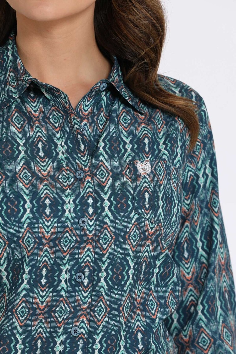 Cinch Arenaflex Geometric Button-Down Navy Coral