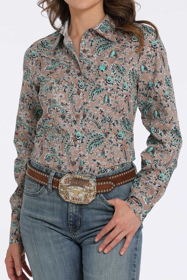 Cinch Floral Print Button-Down Brown
