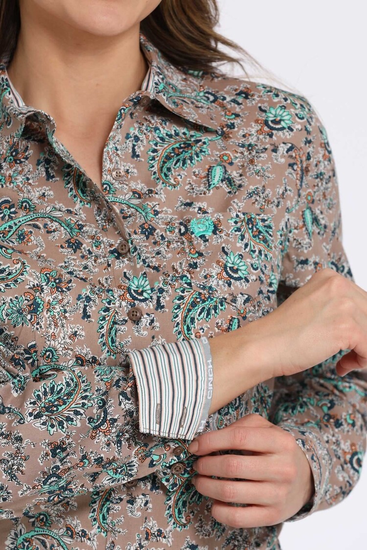 Cinch Floral Print Button-Down Brown