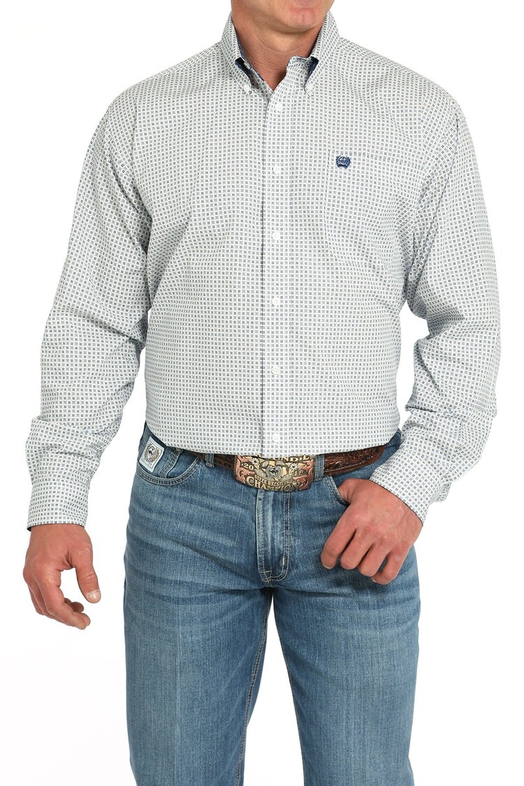 Cinch Geometric Button-Down White Blue