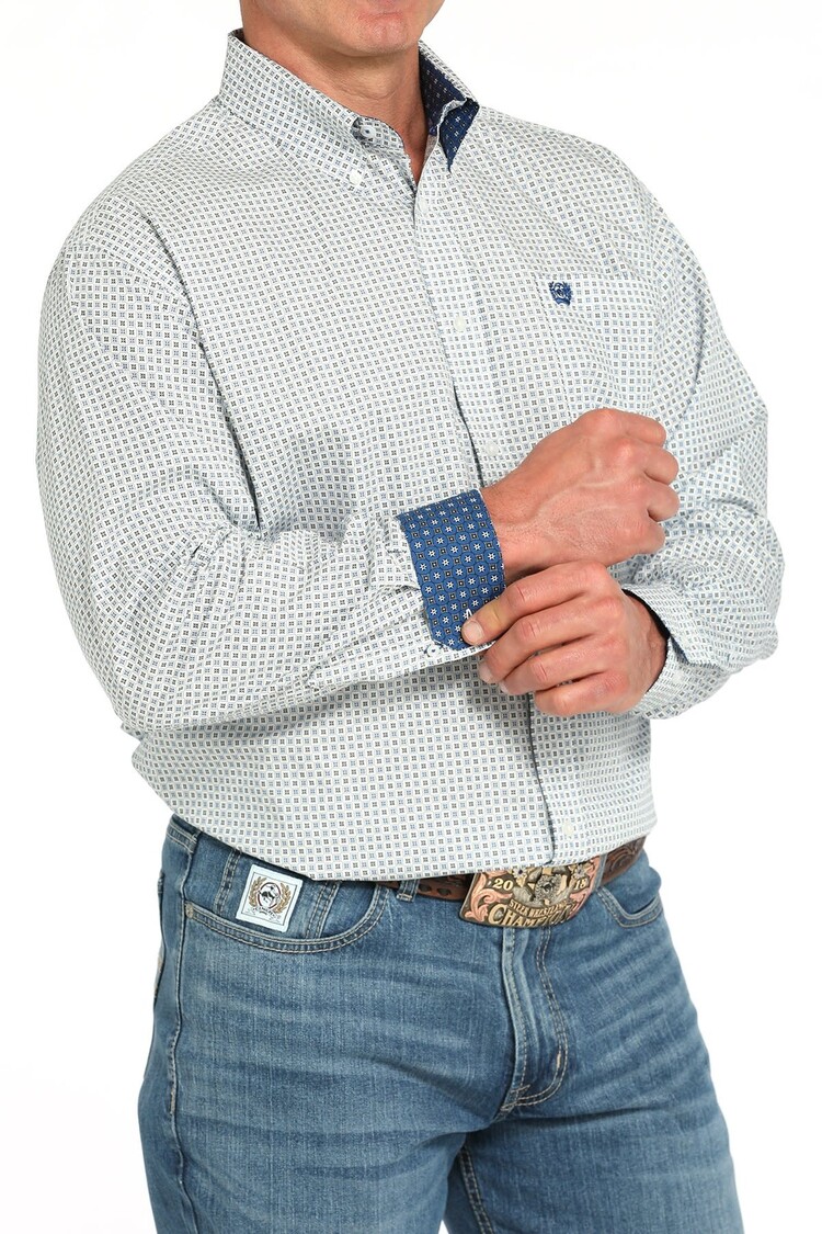 Cinch Geometric Button-Down White Blue