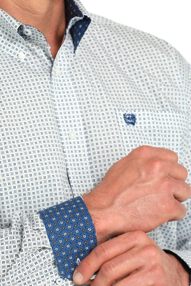 Cinch Geometric Button-Down White Blue