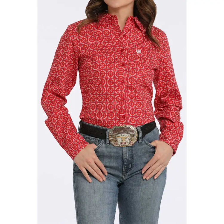 Cinch Stretch Printed Red Button-Down
