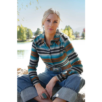 Cruel Denim Multi Stripe Pearl Snap Turquoise