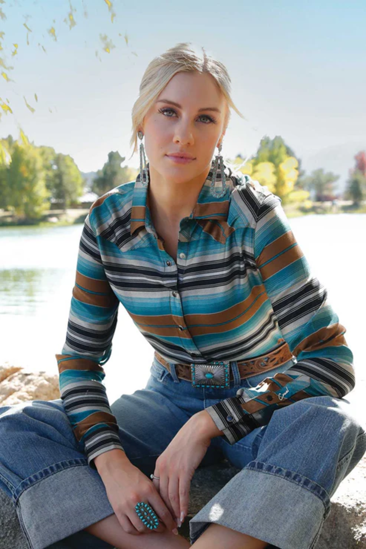 Cruel Denim Multi Stripe Pearl Snap Turquoise