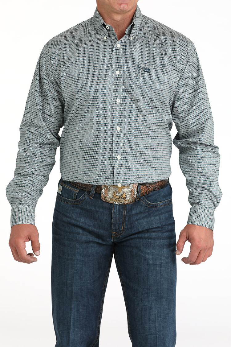 Cinch Stretch Circle Diamonds Button-Down Teal