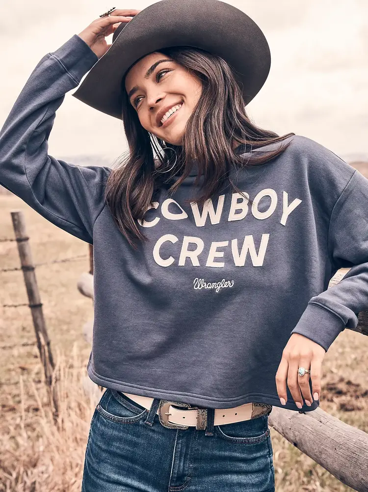 Wrangler Cowboy Crew Cropped Relaxed Hoodie Grey