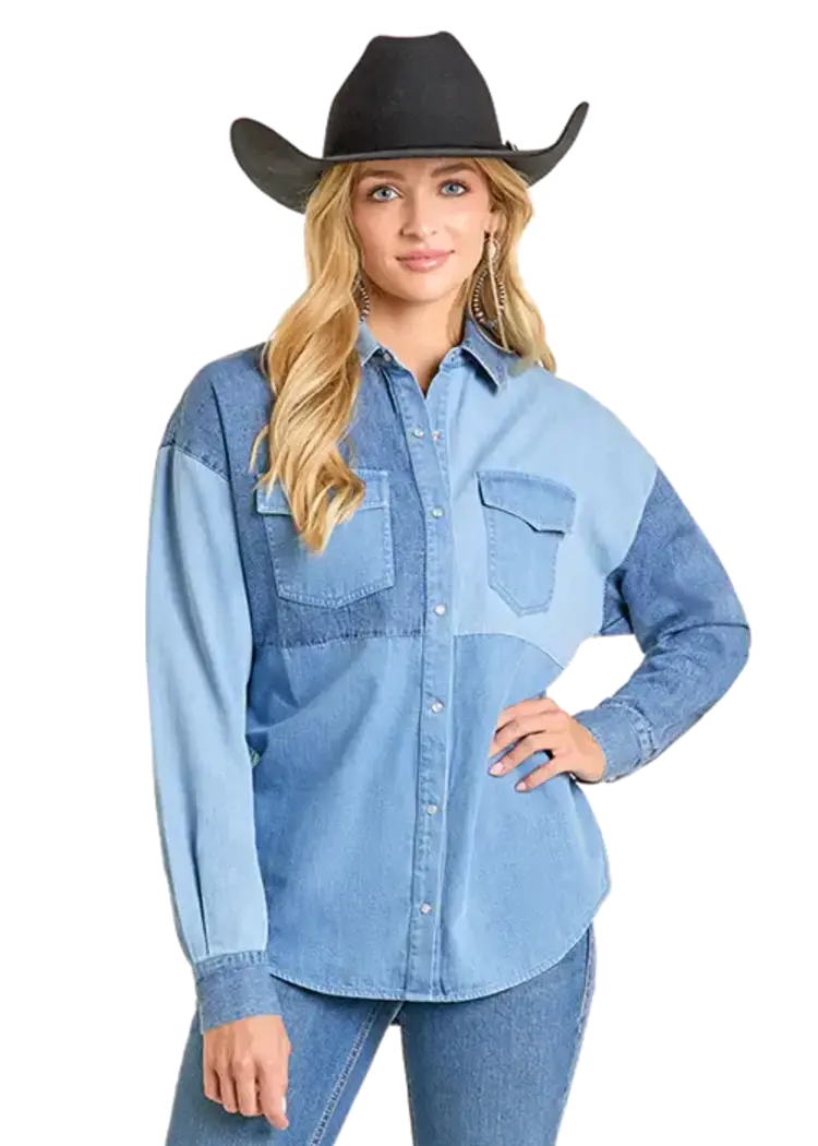 Rock & Roll Denim Patch Denim Pearl Snap Shirt