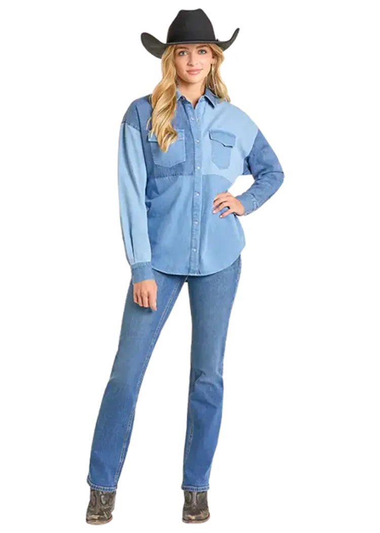 Rock & Roll Denim Patch Denim Pearl Snap Shirt