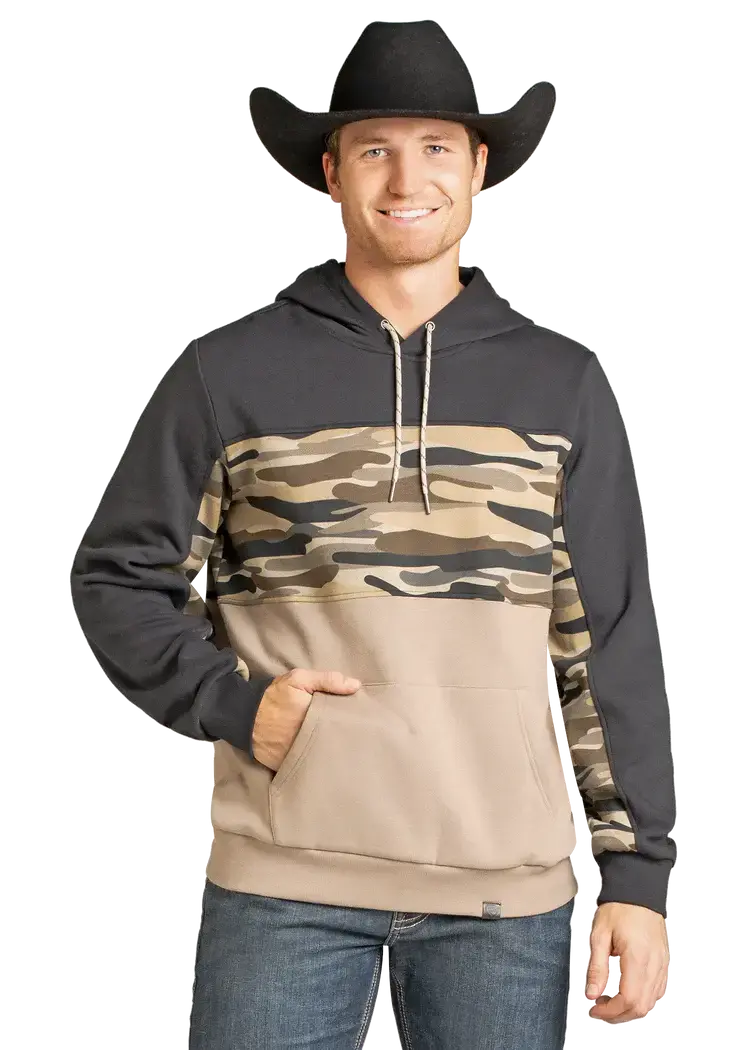 Rock & Roll Denim Camo Color Block Hoodie Taupe