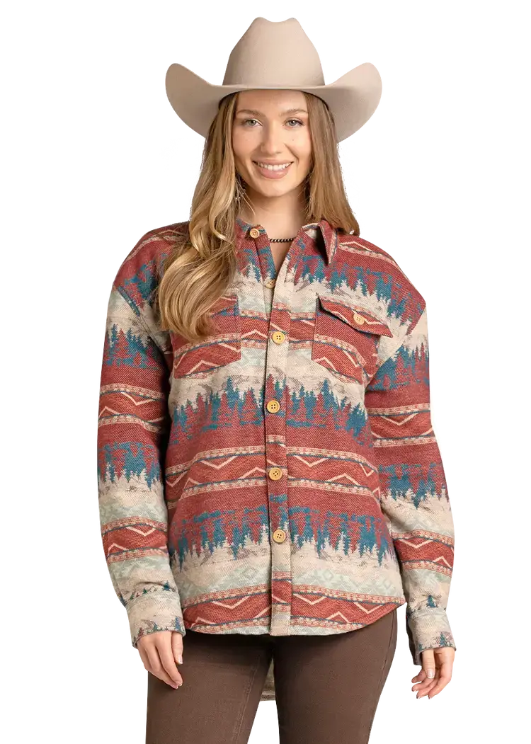 Rock & Roll Denim Sherpa Lined Jacquard Shacket Red