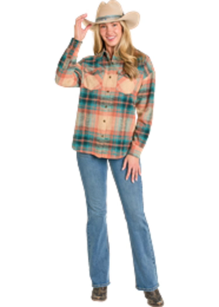 Rock & Roll Denim Oversized Flannel Shirt Teal