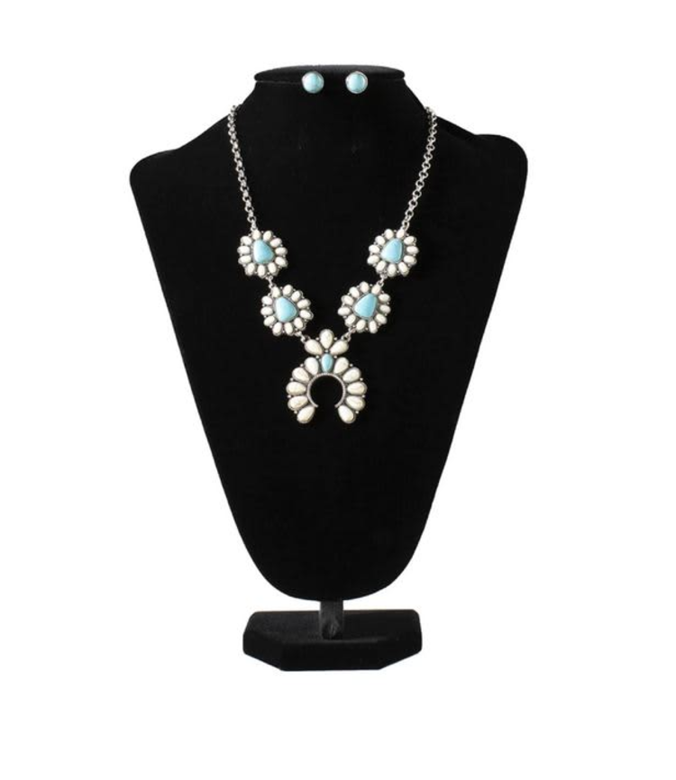 Silver Strike Squash Blossom White Turquoise Set