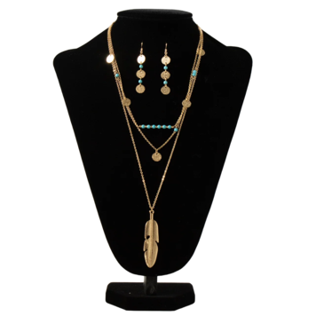 Silver Strike 3 Chain Gold Turquoise Feather Set