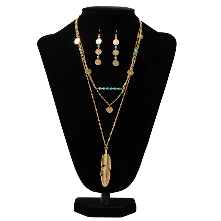 Silver Strike 3 Chain Gold Turquoise Feather Set
