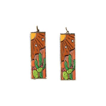 Silver Strike Leather Desert Scene Rectangle Earrings