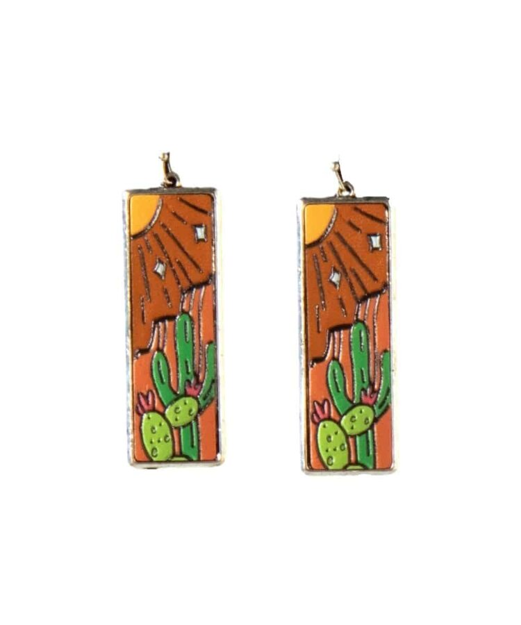 Silver Strike Leather Desert Scene Rectangle Earrings