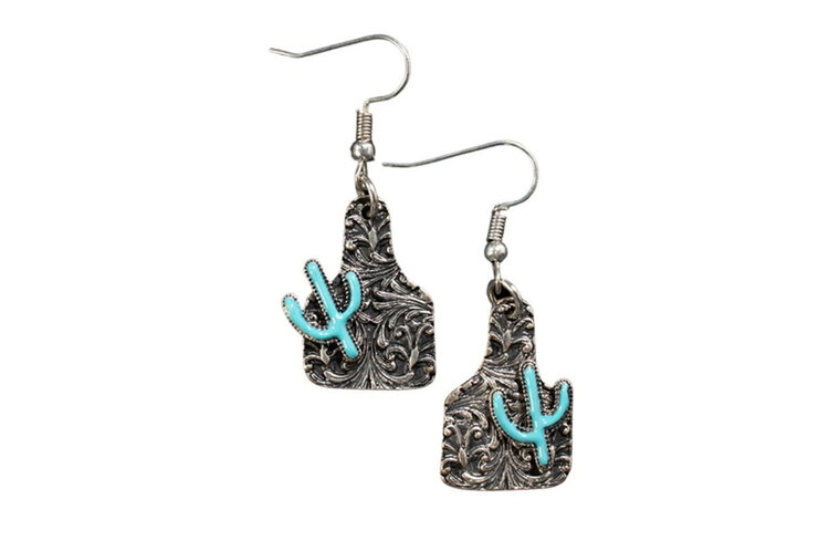 Silver Strike Engraved Ear Tag With Turquoise Cactus Earrings