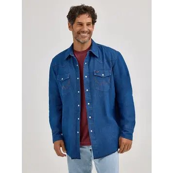 Wrangler Flannel Lined Solid Work Shirt Blue Denim