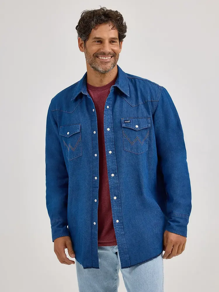 Wrangler Flannel Lined Solid Work Shirt Blue Denim
