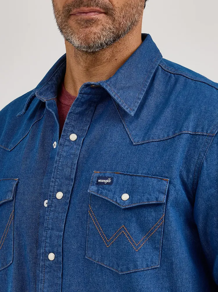 Wrangler Flannel Lined Solid Work Shirt Blue Denim