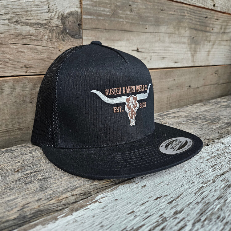 Rusted Ranch Wear Longhorn Light Logo Flat Cap Black