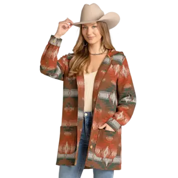 Rock & Roll Denim Aztec Jacquard Coat With Hood