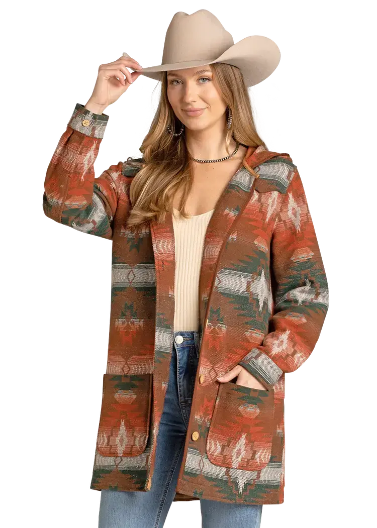 Rock & Roll Denim Aztec Jacquard Coat With Hood