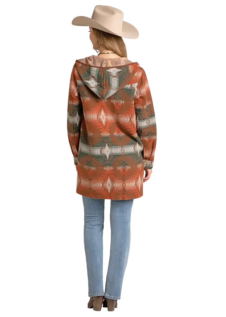 Rock & Roll Denim Aztec Jacquard Coat With Hood